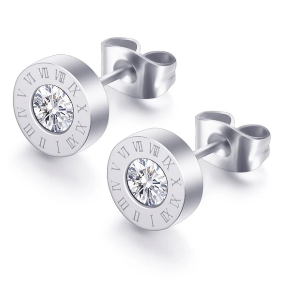 Dainty Roman Numeral Crystal Stud Earrings - Picture 4 of 7